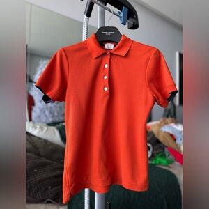 Hermes Women’s Double Jeu Polo Orange Feu w/ Navy Edging, Size M